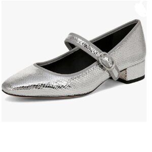 XYD Silver Gray Low Heel Chunky Mary Jane Pumps Square Toe Buckled Strap Shoes